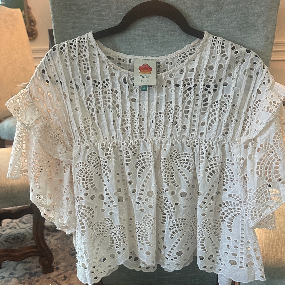 FARM Rio White Eyelet Lace Blouse